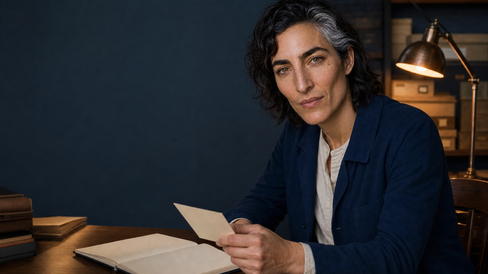A person reading a family record at a desk under a warm lamp